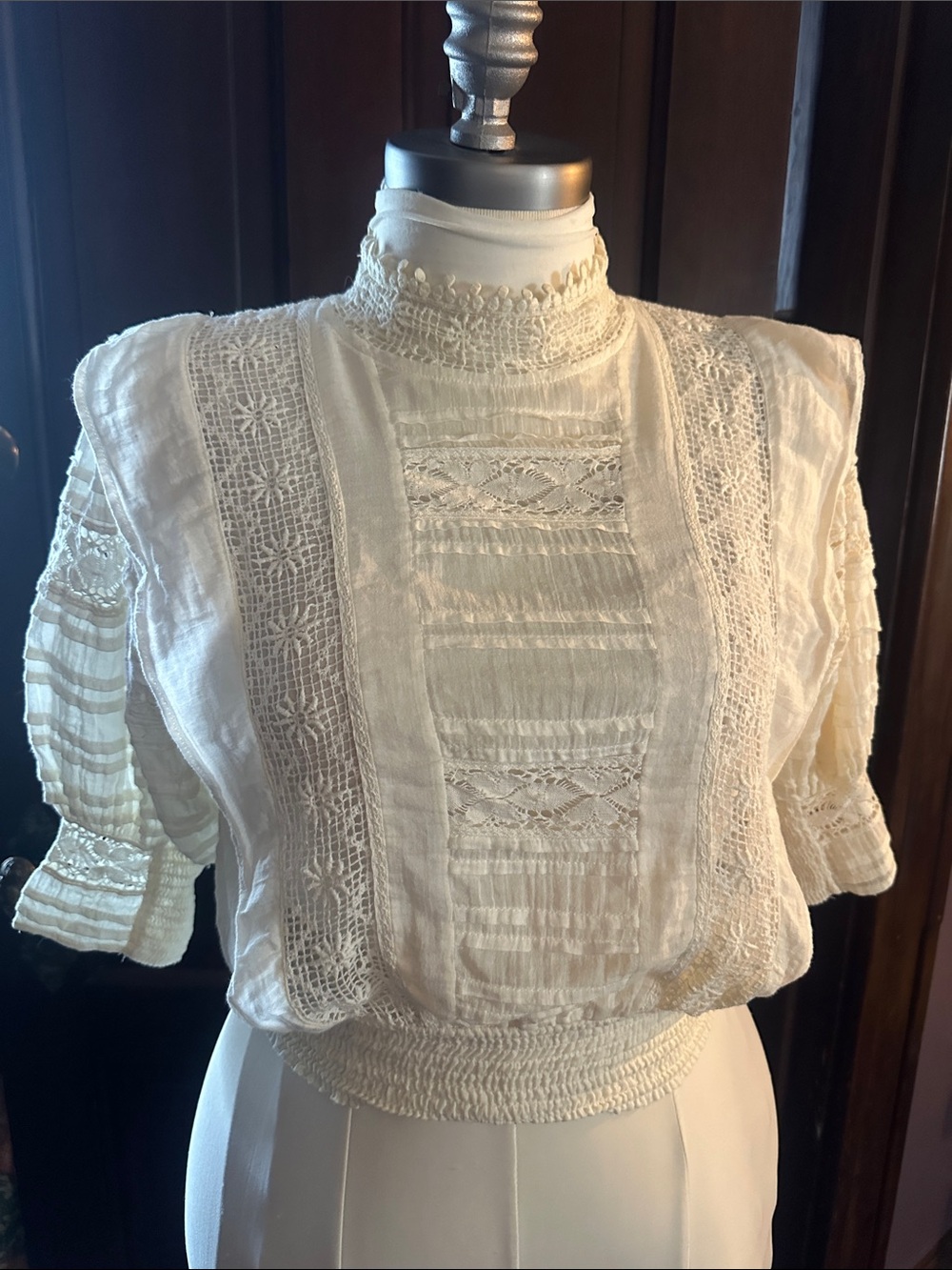 Free People Cream Lace-Inset Victorian High-Neck Blouse